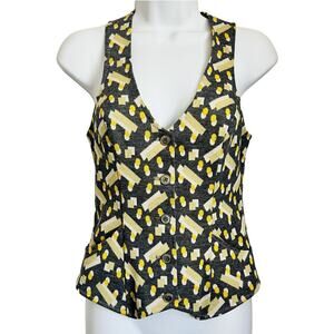 Vintage 70s Geometric Gray Yellow White Button Up Vest Top Tank size S V-Neck